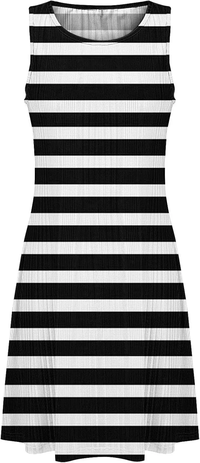 Women's Summer Tank Mini Dress Sleeveless A-Line Dresses Casual Stripe Floral T-Shirt Dress Flowy Beach Sundress