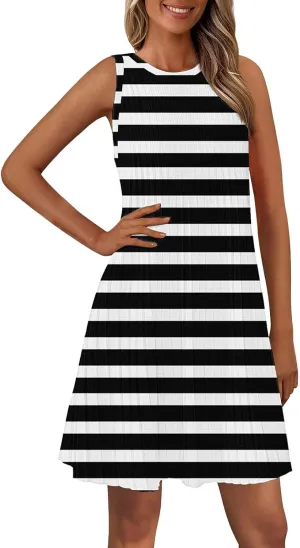 Women's Summer Tank Mini Dress Sleeveless A-Line Dresses Casual Stripe Floral T-Shirt Dress Flowy Beach Sundress