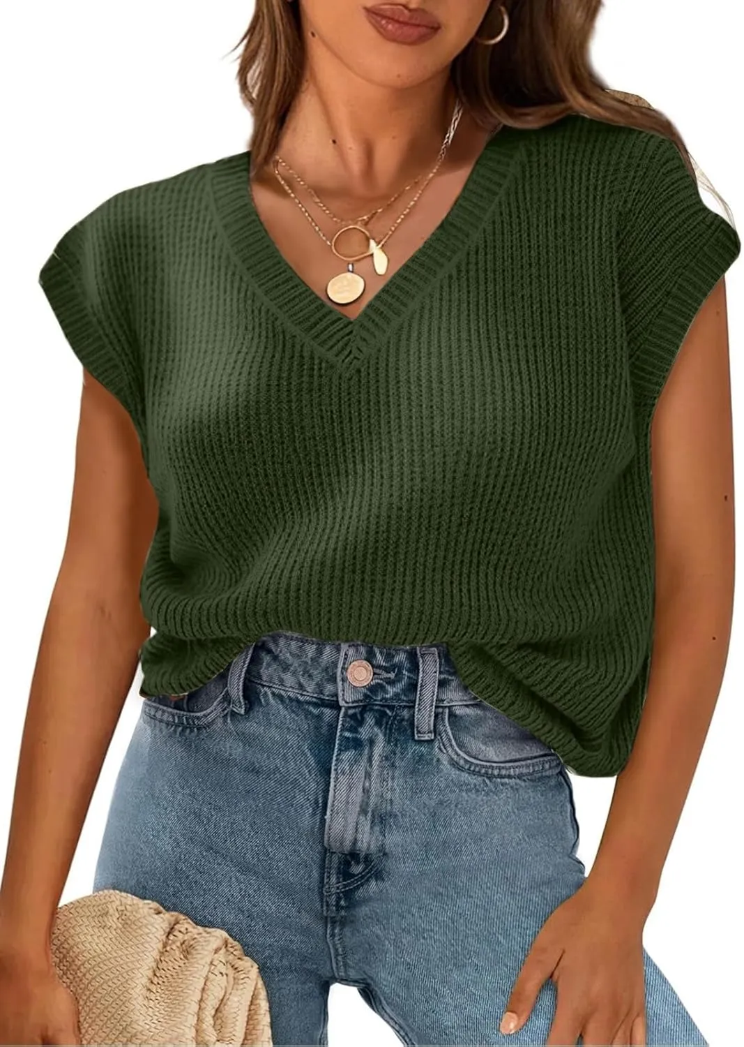 Womens Summer Tops Trendy 2025 Sweater Vest Women Knit Tank Tops V Neck Cap Sleeve Loose Shirts Vacation Casual Outfits