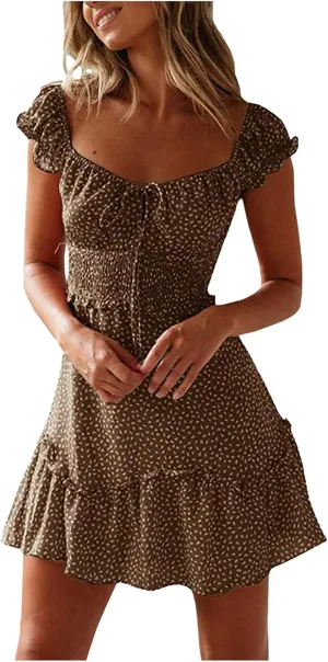 Women's Summer Trendy Boho Mini Dress Ruffle Sleeve Floral Printing Dress Short Dress Beach Vacation Sundress
