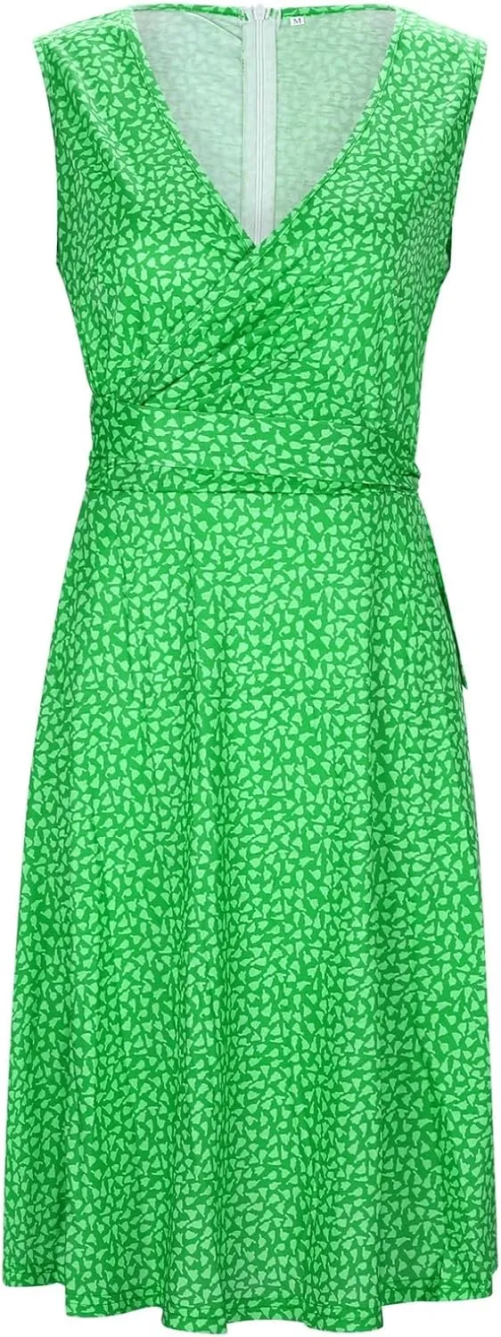 Womens Sun dress Summer Floral Short Sleeveless Wrap V Neck A-Line Midi Dress Beach Travel Vacation Outfits