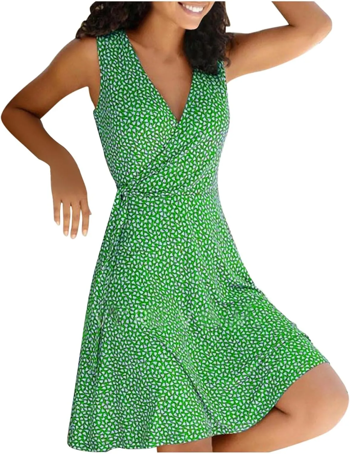 Womens Sun dress Summer Floral Short Sleeveless Wrap V Neck A-Line Midi Dress Beach Travel Vacation Outfits