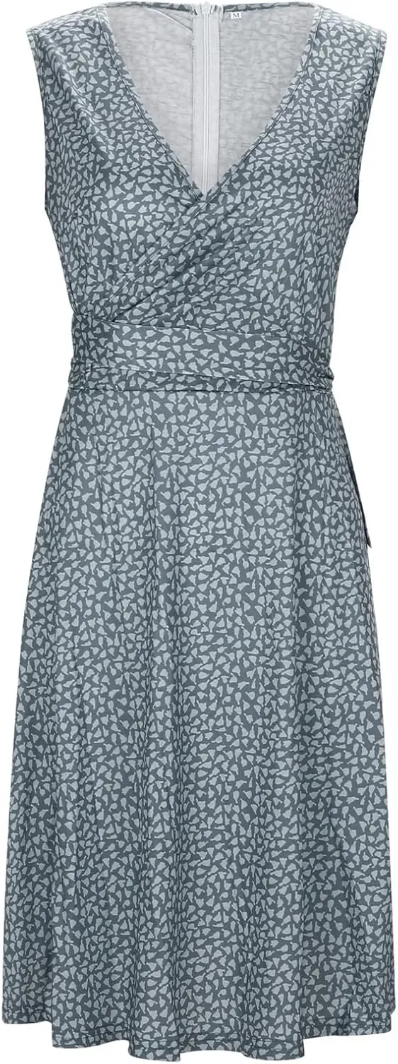 Womens Sun dress Summer Floral Short Sleeveless Wrap V Neck A-Line Midi Dress Beach Travel Vacation Outfits