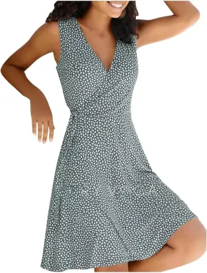 Womens Sun dress Summer Floral Short Sleeveless Wrap V Neck A-Line Midi Dress Beach Travel Vacation Outfits