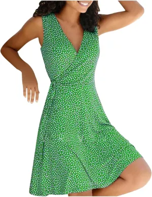 Womens Sun dress Summer Floral Short Sleeveless Wrap V Neck A-Line Midi Dress Beach Travel Vacation Outfits