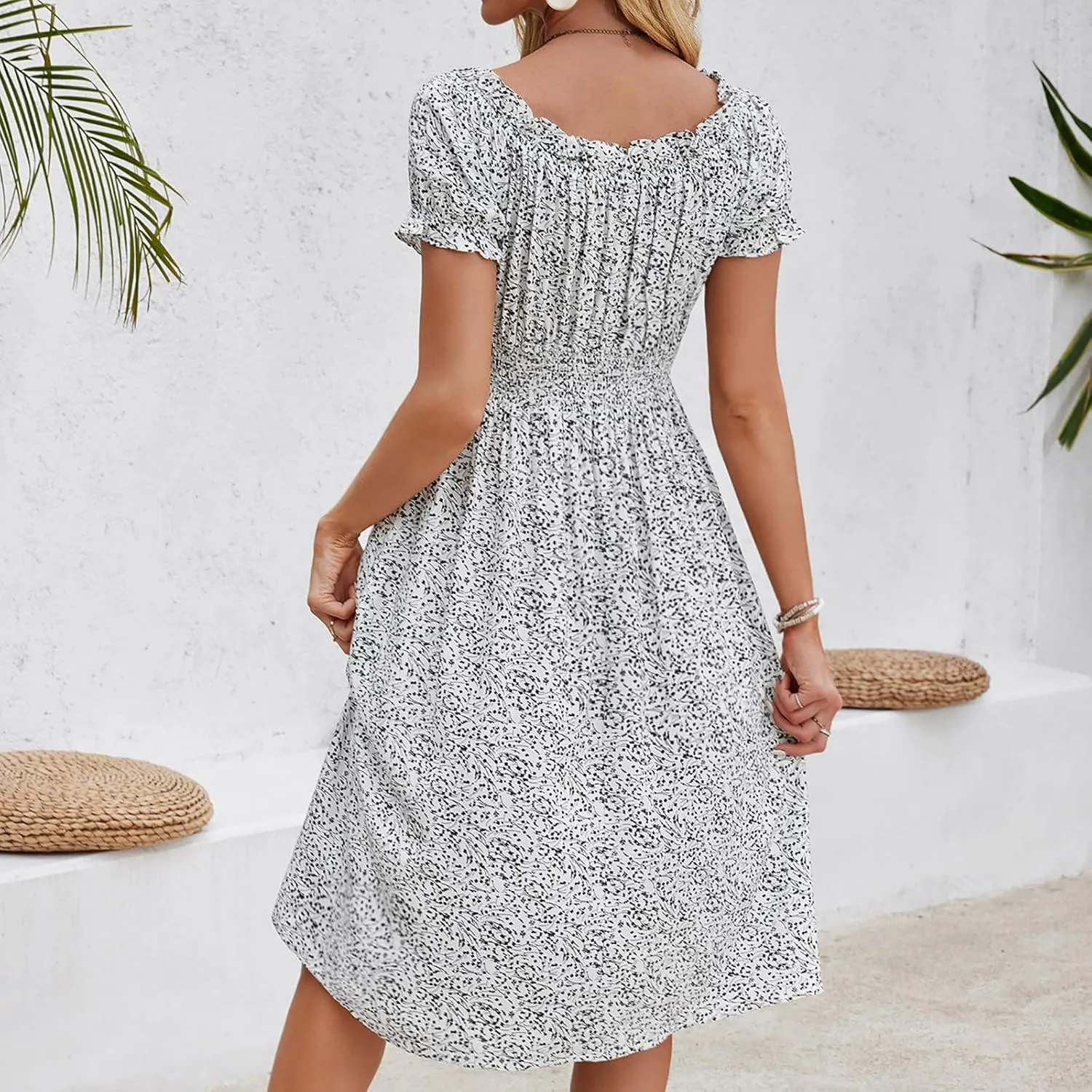 Womens Sundress Summer Casual Floral Midi Dress Ruffle Short Sleeve Crew Neck A-line Flowy Boho Dresses