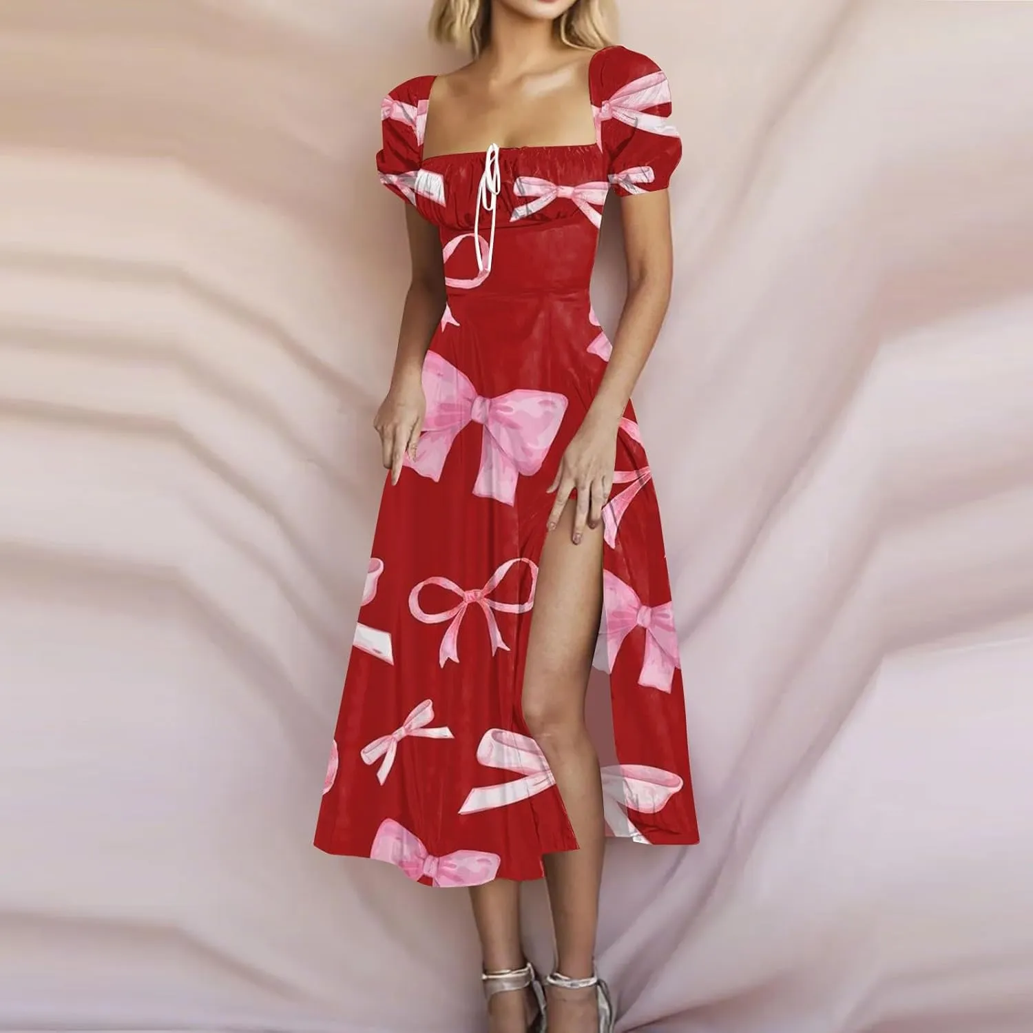 Women's Sundresses 2025 Summer Casual Loose Trendy Bubble Sleeve Square Neck Split Bow Floral Print Dress Plus Size, XS-3XL