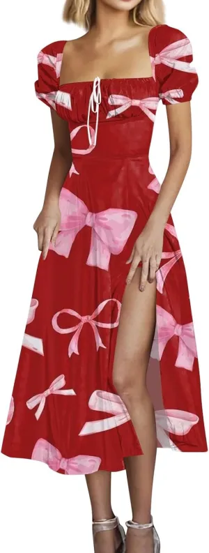 Women's Sundresses 2025 Summer Casual Loose Trendy Bubble Sleeve Square Neck Split Bow Floral Print Dress Plus Size, XS-3XL