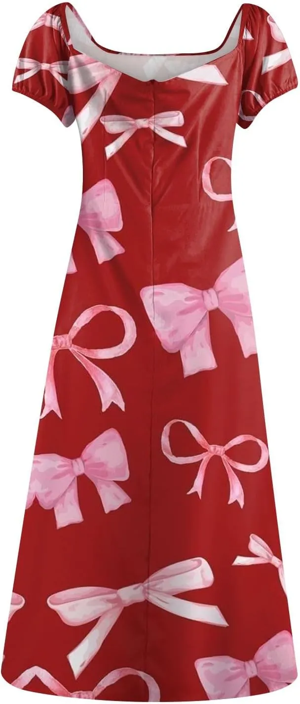 Women's Sundresses 2025 Summer Casual Loose Trendy Bubble Sleeve Square Neck Split Bow Floral Print Dress Plus Size, XS-3XL