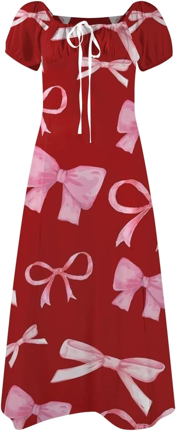 Women's Sundresses 2025 Summer Casual Loose Trendy Bubble Sleeve Square Neck Split Bow Floral Print Dress Plus Size, XS-3XL