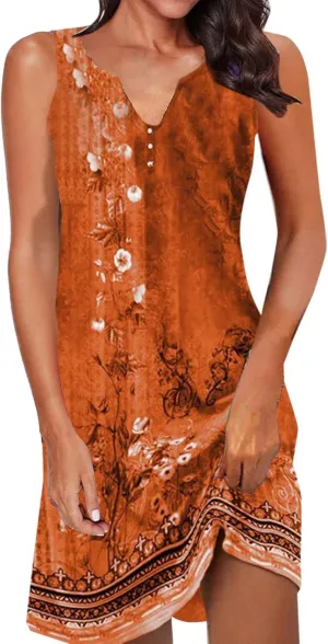 Womens Sundresses Casual Floral Sleeveless V Neck Tank Dress Beach Vacation Outfits Short Knee Length Dress