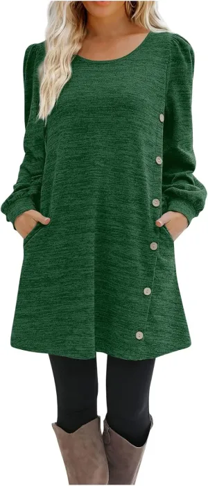 Womens Sweater Dresses 2024 Trendy Crewneck Solid Color Button Long Sleeve Casual Loose Dress Fall Outfits with Pockets