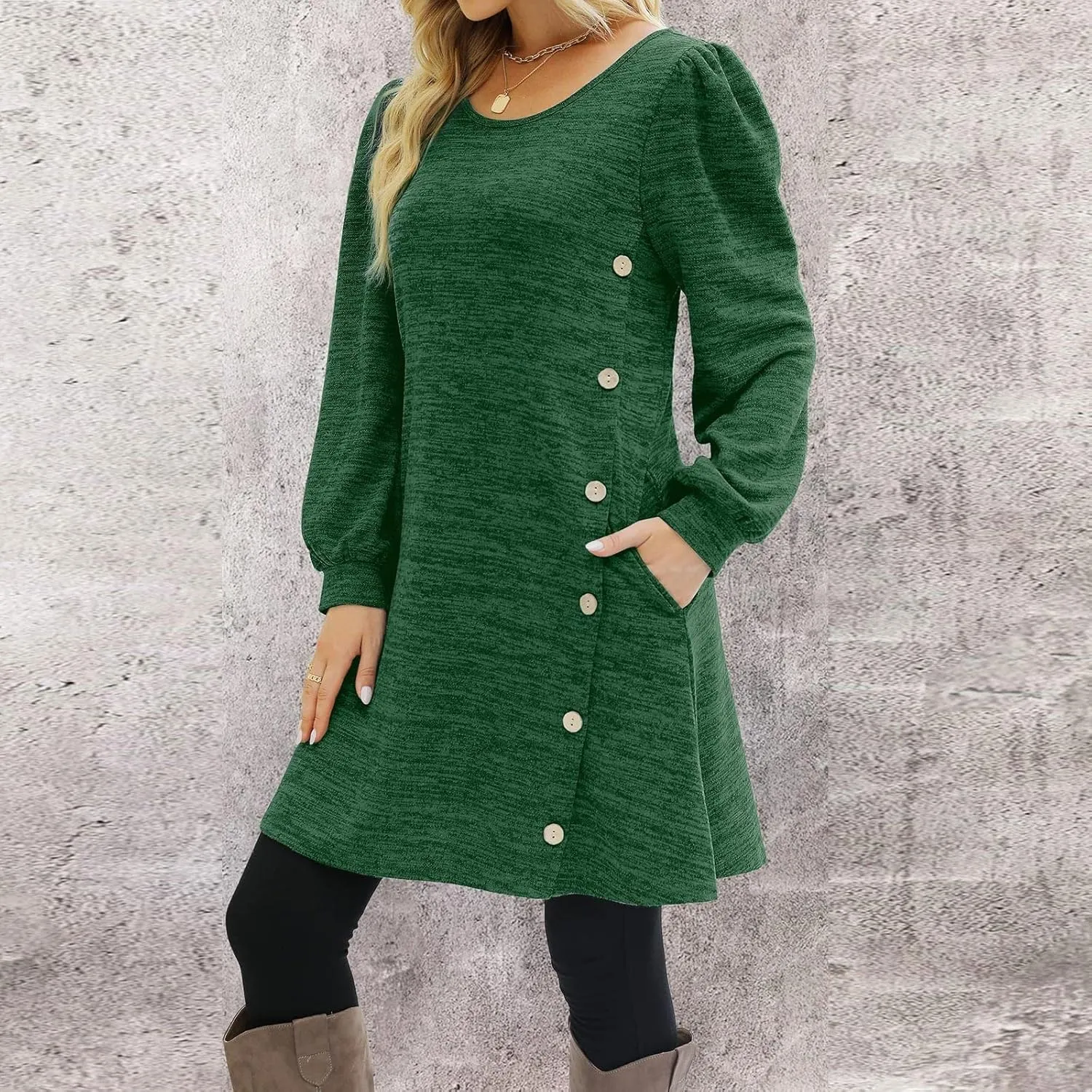 Womens Sweater Dresses 2024 Trendy Crewneck Solid Color Button Long Sleeve Casual Loose Dress Fall Outfits with Pockets