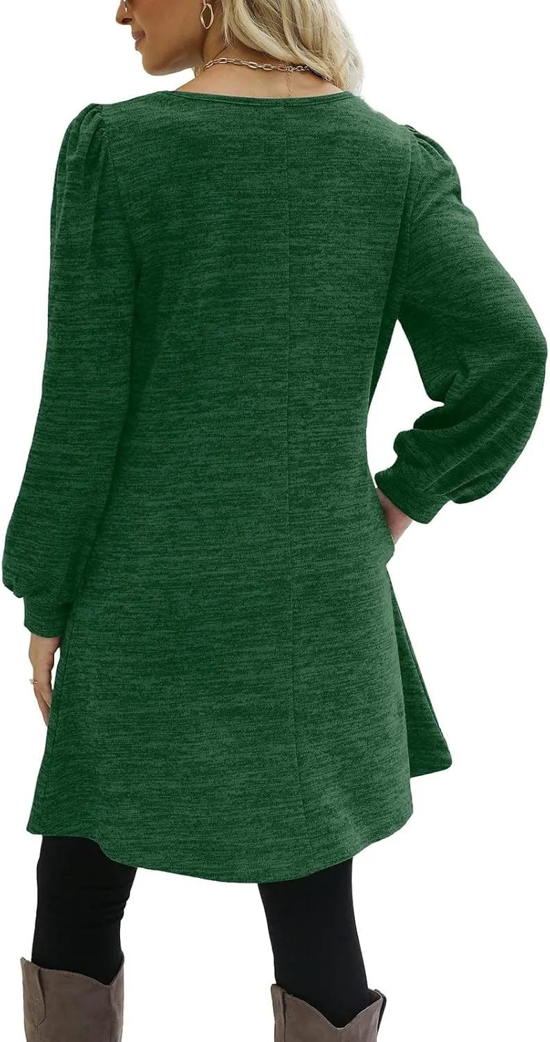 Womens Sweater Dresses 2024 Trendy Crewneck Solid Color Button Long Sleeve Casual Loose Dress Fall Outfits with Pockets