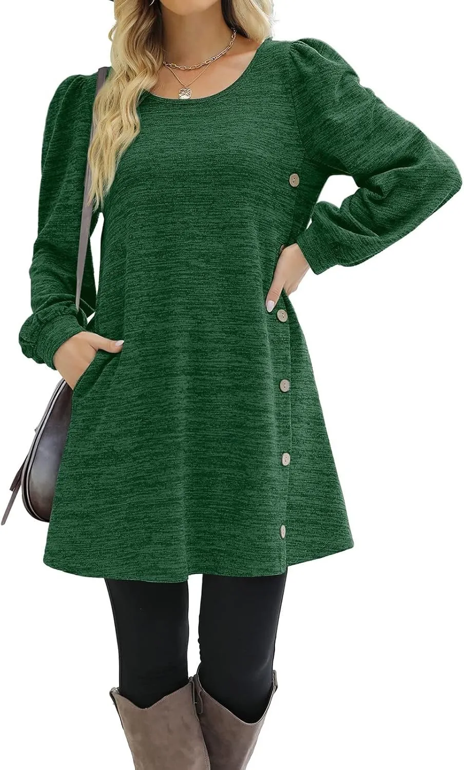 Womens Sweater Dresses 2024 Trendy Crewneck Solid Color Button Long Sleeve Casual Loose Dress Fall Outfits with Pockets