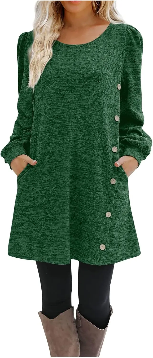 Womens Sweater Dresses 2024 Trendy Crewneck Solid Color Button Long Sleeve Casual Loose Dress Fall Outfits with Pockets