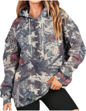 Womens Sweatshirts Trendy Camo Hoodie Maple-Leaf Print Hooded Long Sleeve Tops with Pocket Fall Clothes