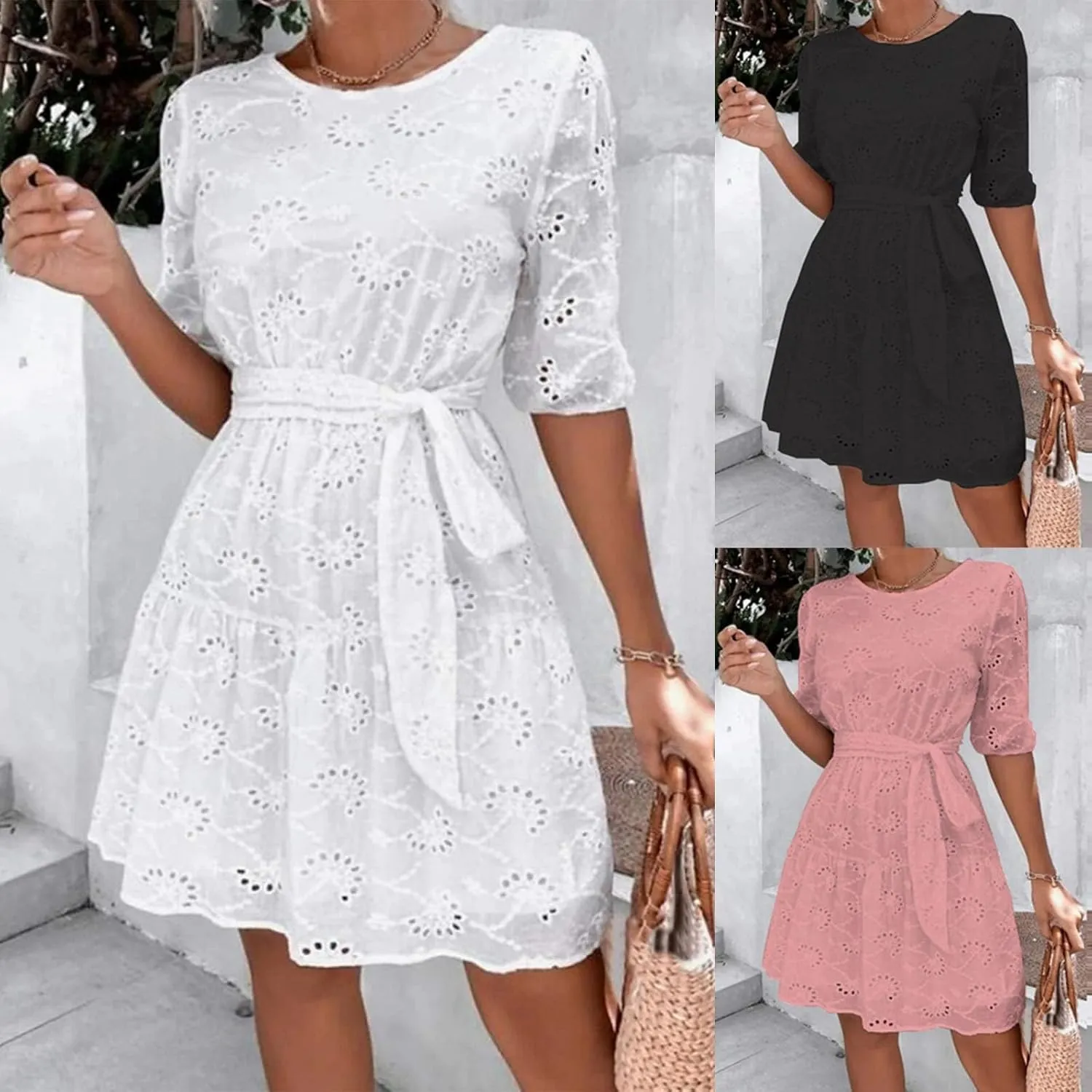 Women's Tie Shoulder Scallop Trim Mini Dress Eyelet V Neck A Line Casual Elegant Holiday Wedding Guest Party Dresses