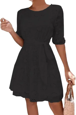 Women's Tie Shoulder Scallop Trim Mini Dress Eyelet V Neck A Line Casual Elegant Holiday Wedding Guest Party Dresses