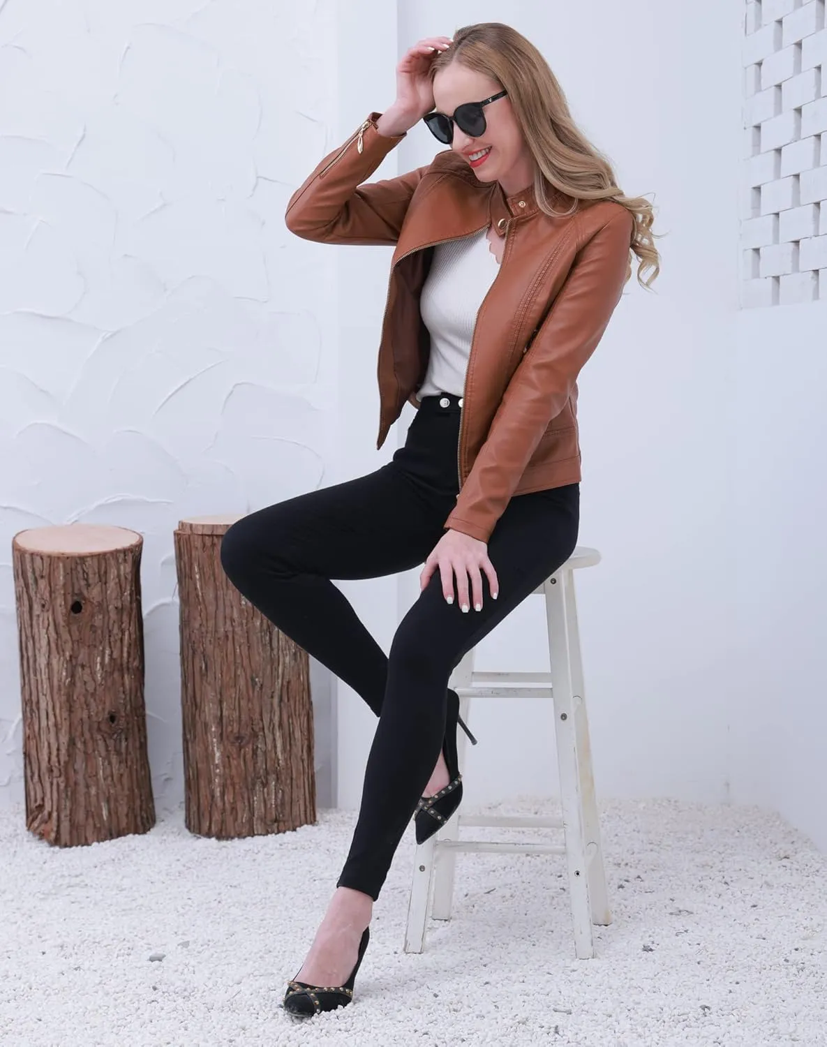 Women's Trendy Faux Leather Jacket Moto Short Jacket Fashion PU Jacket Coat