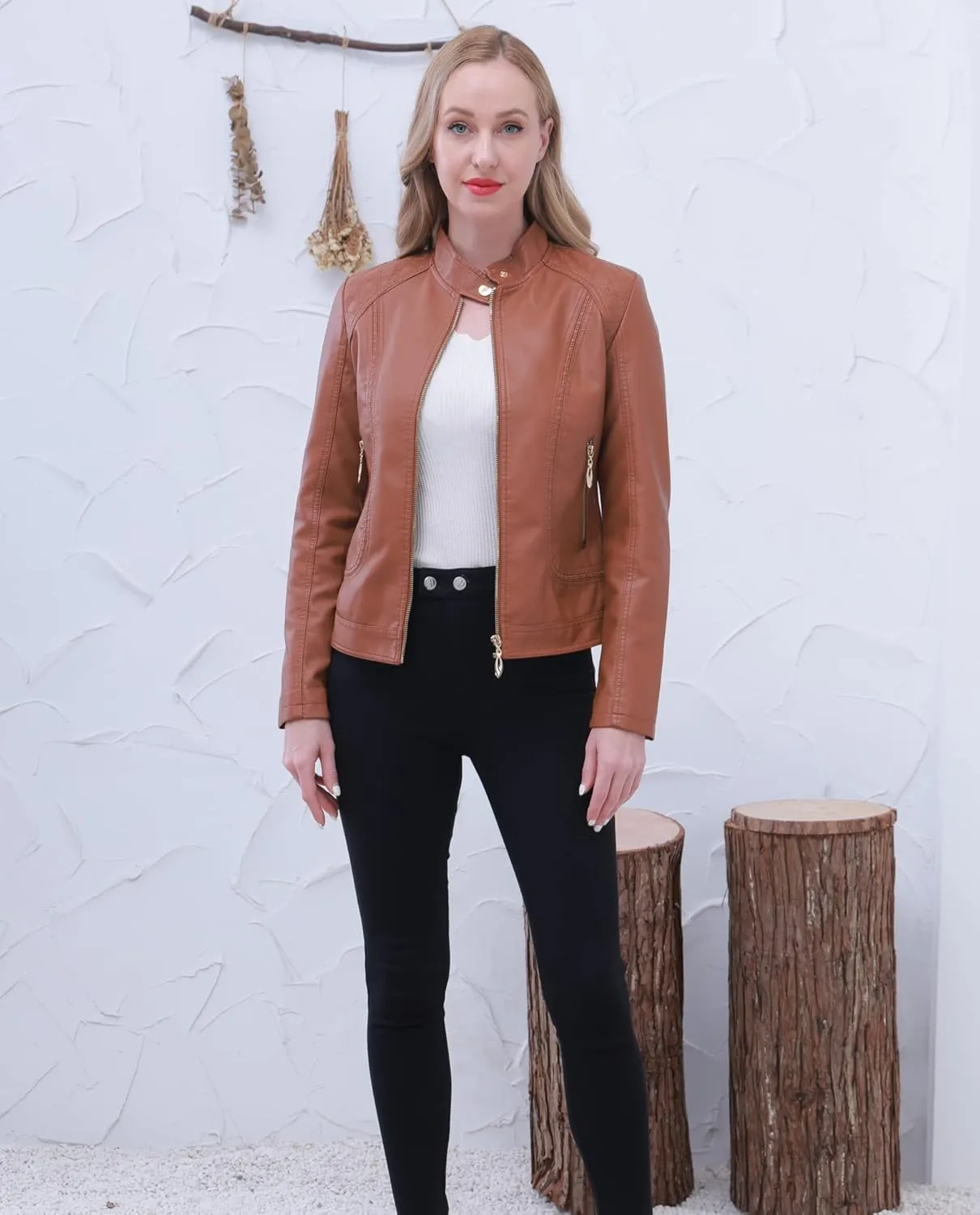 Women's Trendy Faux Leather Jacket Moto Short Jacket Fashion PU Jacket Coat