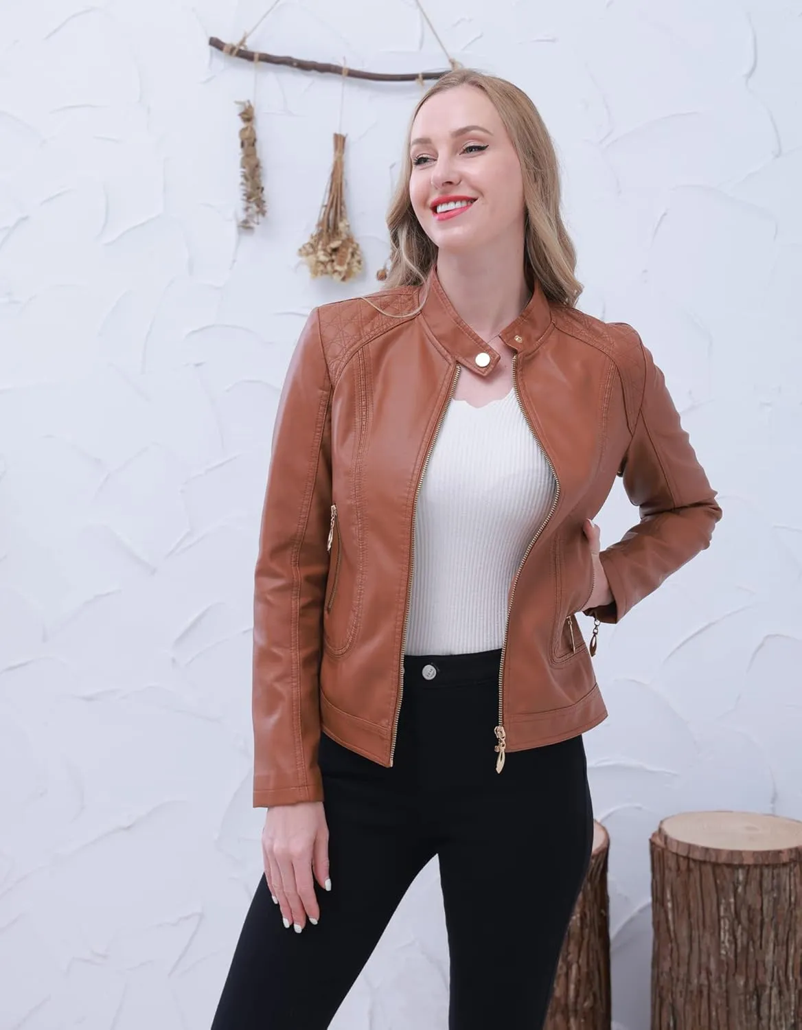 Women's Trendy Faux Leather Jacket Moto Short Jacket Fashion PU Jacket Coat