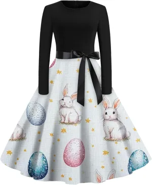 Women's Vintage Easter Egg Print A-Line Dress with Long Sleeves and Belt Perfect for Spring Celebrations