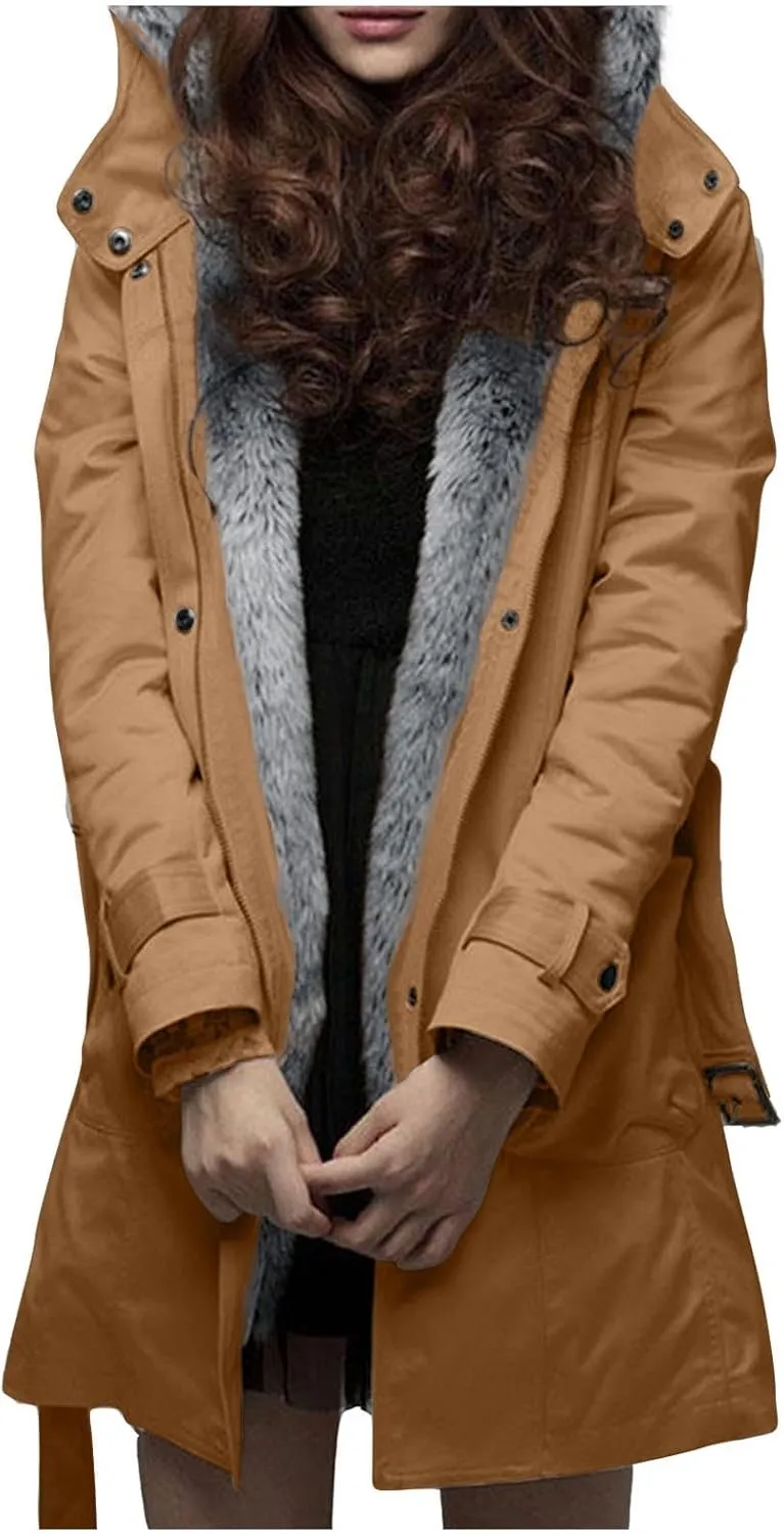 Womens Warm Winter Coats Fuzzy Fleece Lined Parka Slim Fit Thicken Sherpa Hooded Long Jackets Outerwear