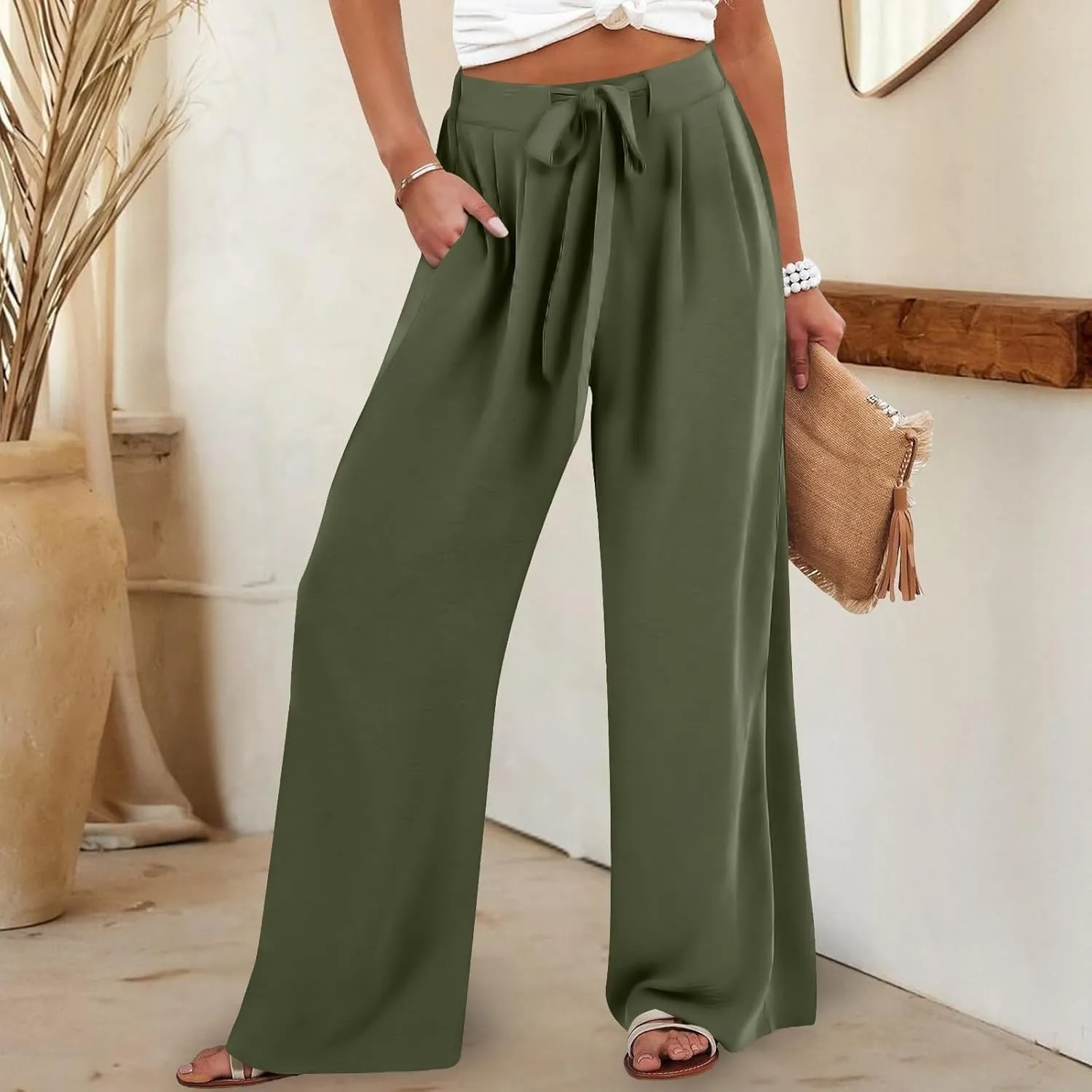 Womens Wide Leg Palazzo Pants High Waist Casual Flowy Trousers 2025 Summer Lounge Beach Travel Vacation Outfits