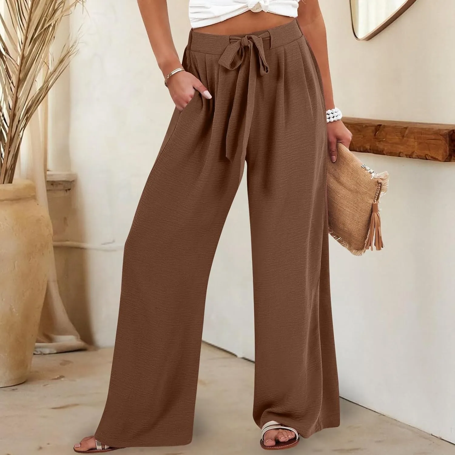 Womens Wide Leg Palazzo Pants High Waist Casual Flowy Trousers 2025 Summer Lounge Beach Travel Vacation Outfits
