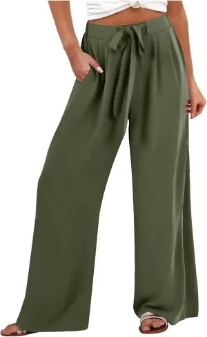 Womens Wide Leg Palazzo Pants High Waist Casual Flowy Trousers 2025 Summer Lounge Beach Travel Vacation Outfits