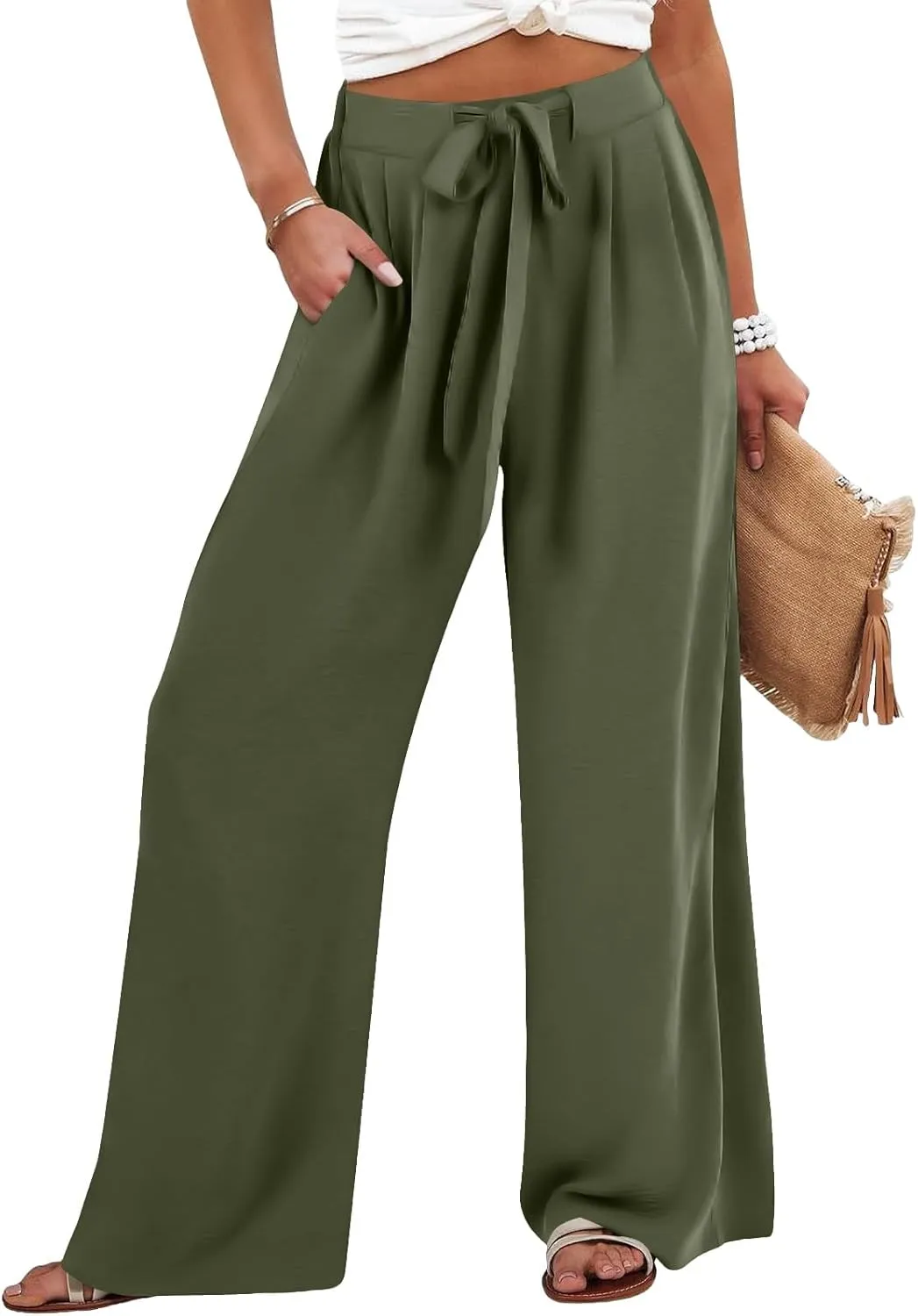 Womens Wide Leg Palazzo Pants High Waist Casual Flowy Trousers 2025 Summer Lounge Beach Travel Vacation Outfits