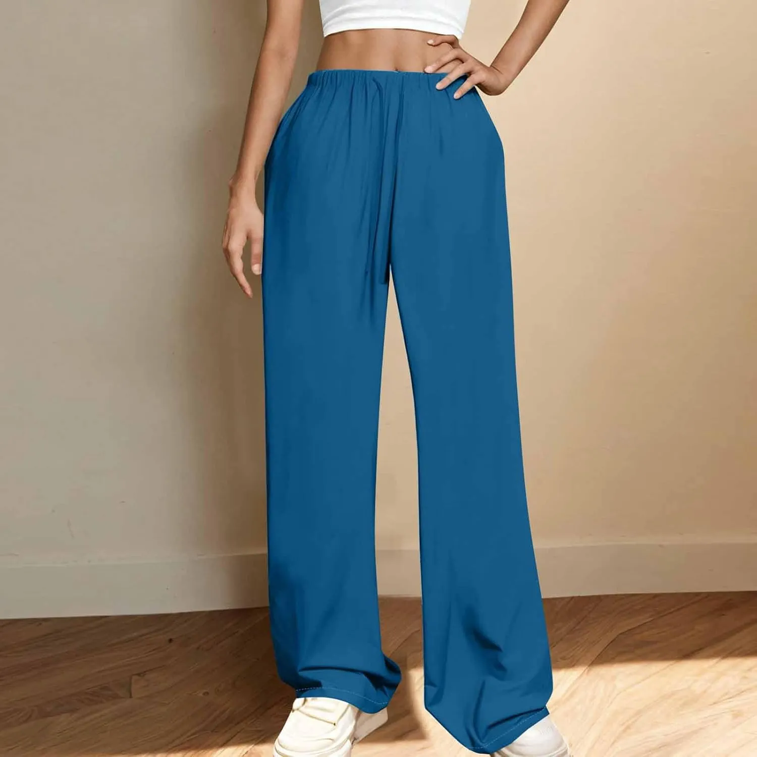 Womens Wide Leg Yoga Pants Linen Elastic High Waist Drawstring Lounge Trousers Summer Boho Flowy Slacks