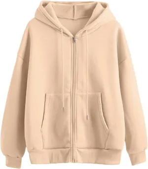 Women's Zip-Up Hoodie Fall Oversized Sweatshirt Lightweight Long Sleeve Zipper Coats Cozy Fleece Jacket with Pocket