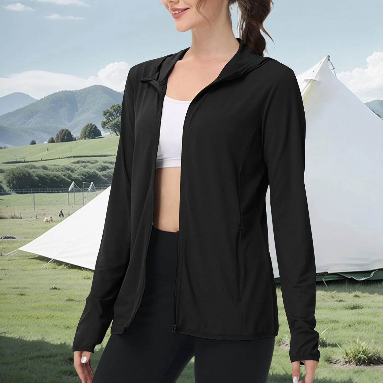 Womens Zip Up Hoodie Sun Protection Long Shirt Plus Size Oversized Ribbed Breathable Jacket with Pocket Hiking Outdoor