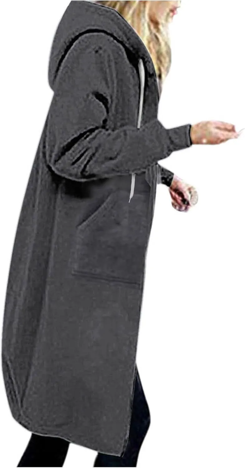 Womens Zip Up Hoodies Long Sleeve Fall Hooded Lightweight Knee Length Tunic Sweatshirt Comfy Oversized Jackets With Pockets
