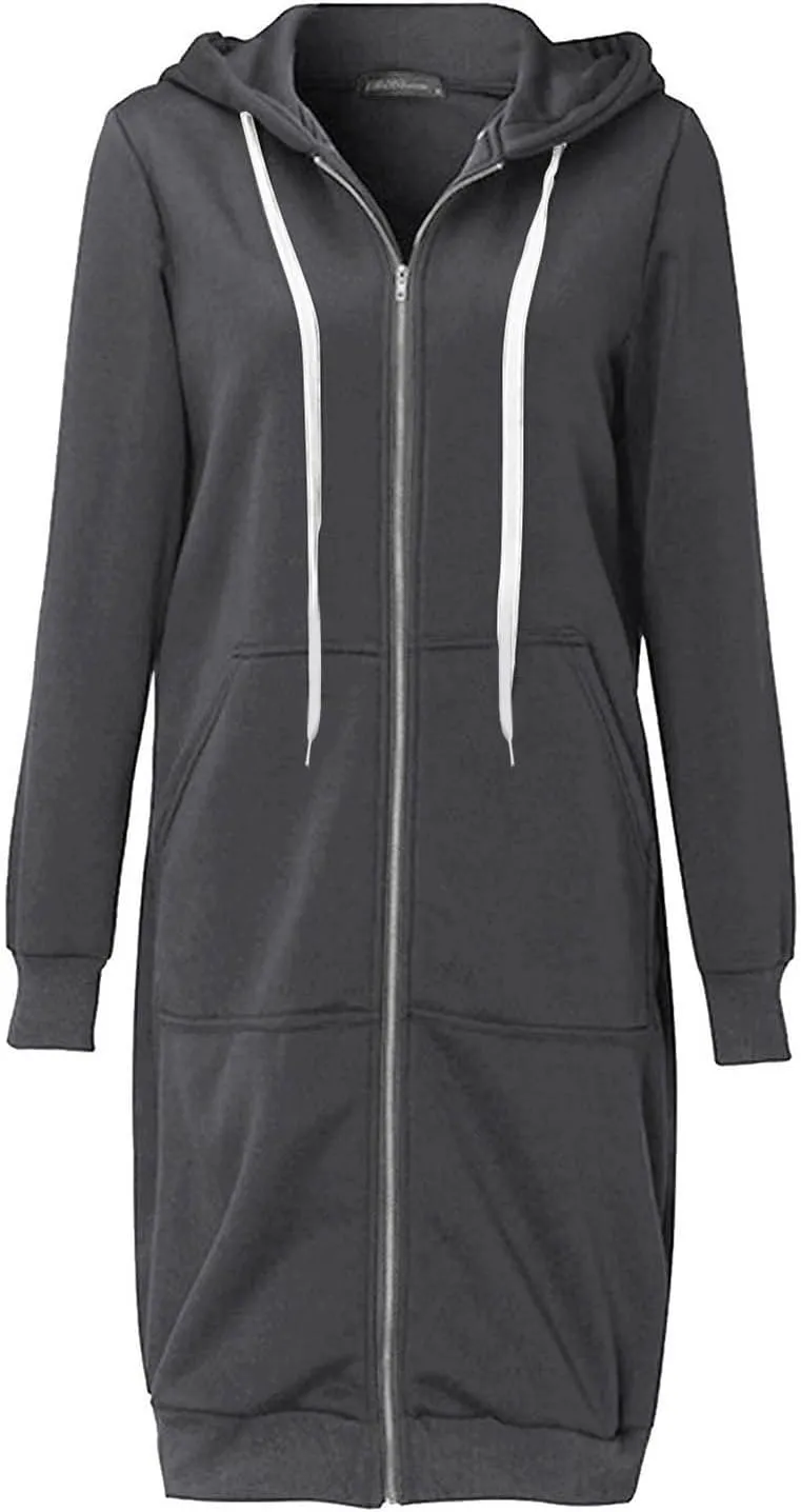 Womens Zip Up Hoodies Long Sleeve Fall Hooded Lightweight Knee Length Tunic Sweatshirt Comfy Oversized Jackets With Pockets