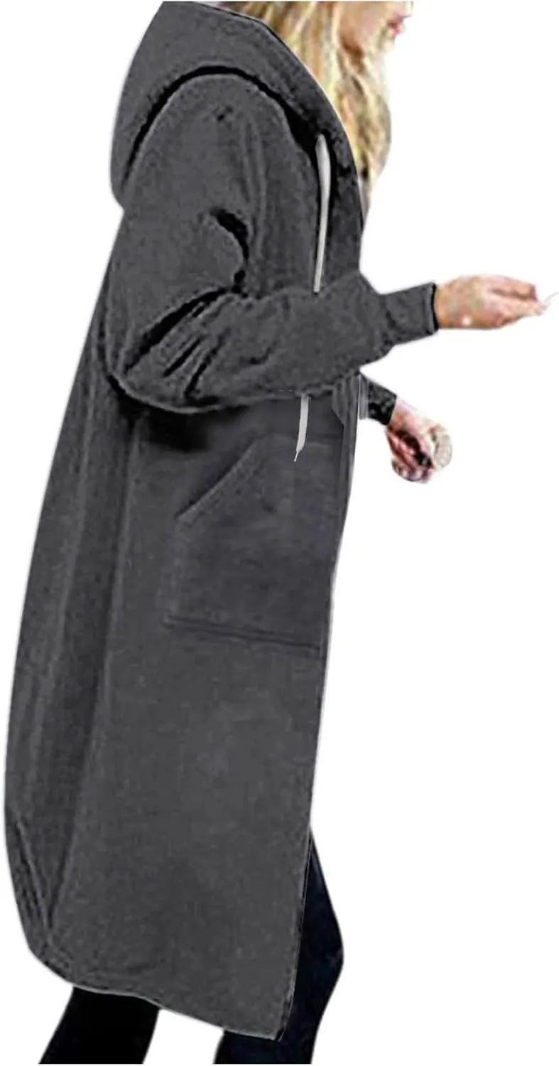 Womens Zip Up Hoodies Long Sleeve Fall Hooded Lightweight Knee Length Tunic Sweatshirt Comfy Oversized Jackets With Pockets