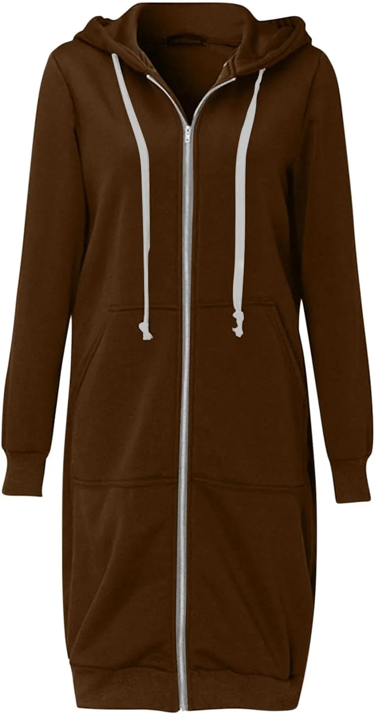 Womens Zip Up Hoodies Long Sleeve Fall Hooded Lightweight Knee Length Tunic Sweatshirt Comfy Oversized Jackets With Pockets