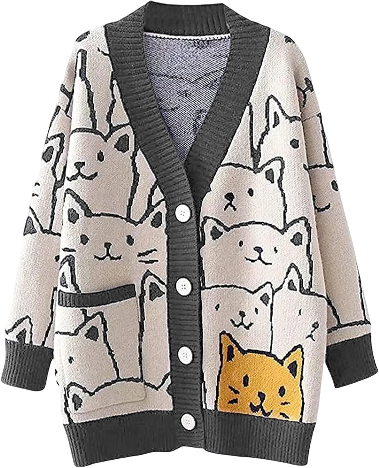 Wyeysyt Cat Sweater for Women Casual Button Down V Neck Cable Knit Cardigan Cute Kawaii Cartoon Cardigan Coat