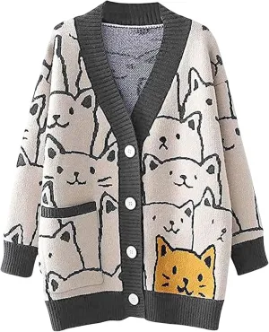 Wyeysyt Cat Sweater for Women Casual Button Down V Neck Cable Knit Cardigan Cute Kawaii Cartoon Cardigan Coat