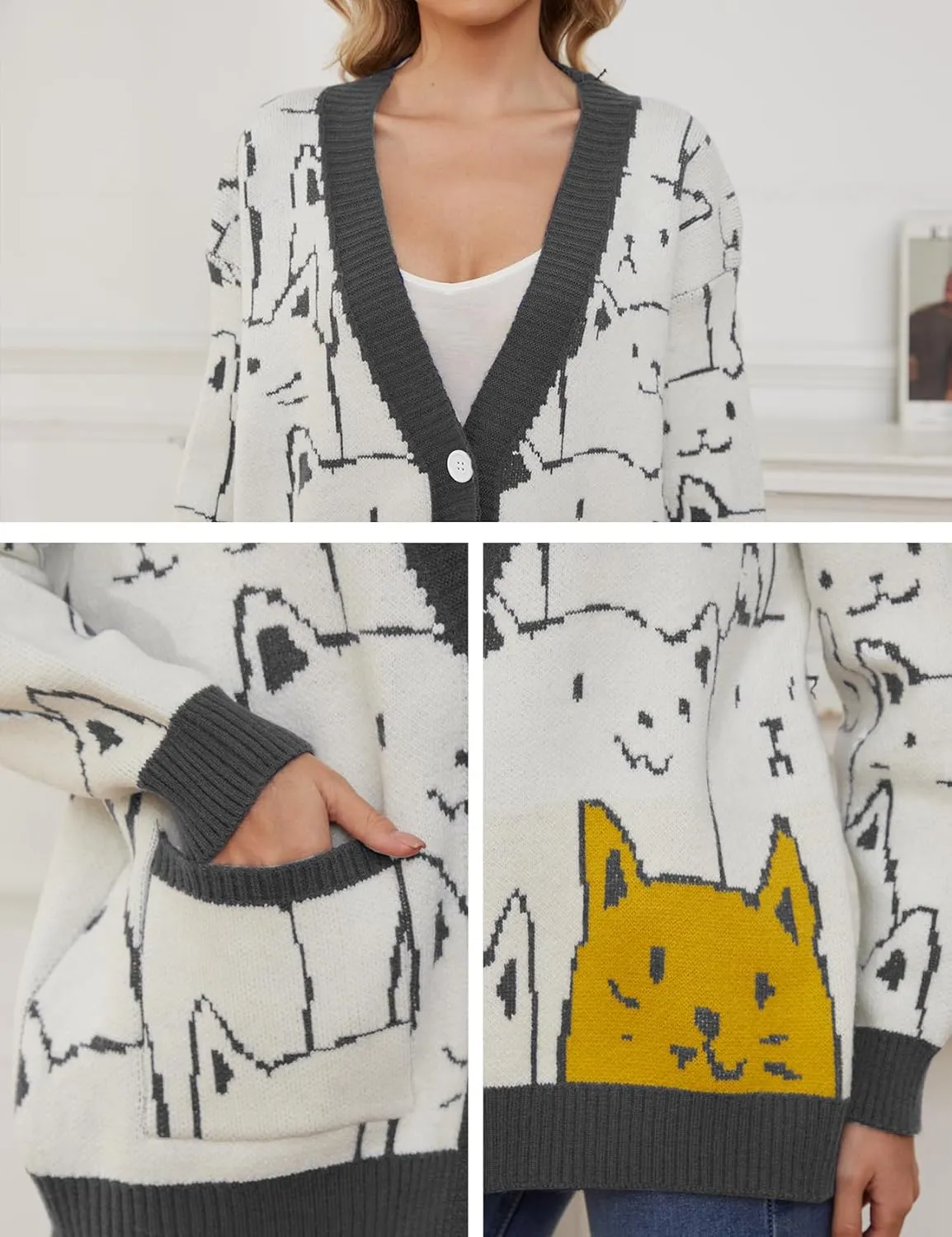 Wyeysyt Cat Sweater for Women Casual Button Down V Neck Cable Knit Cardigan Cute Kawaii Cartoon Cardigan Coat