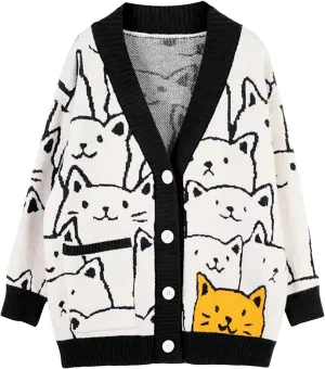 Wyeysyt Cat Sweater for Women Casual Button Down V Neck Cable Knit Cardigan Cute Kawaii Cartoon Cardigan Coat