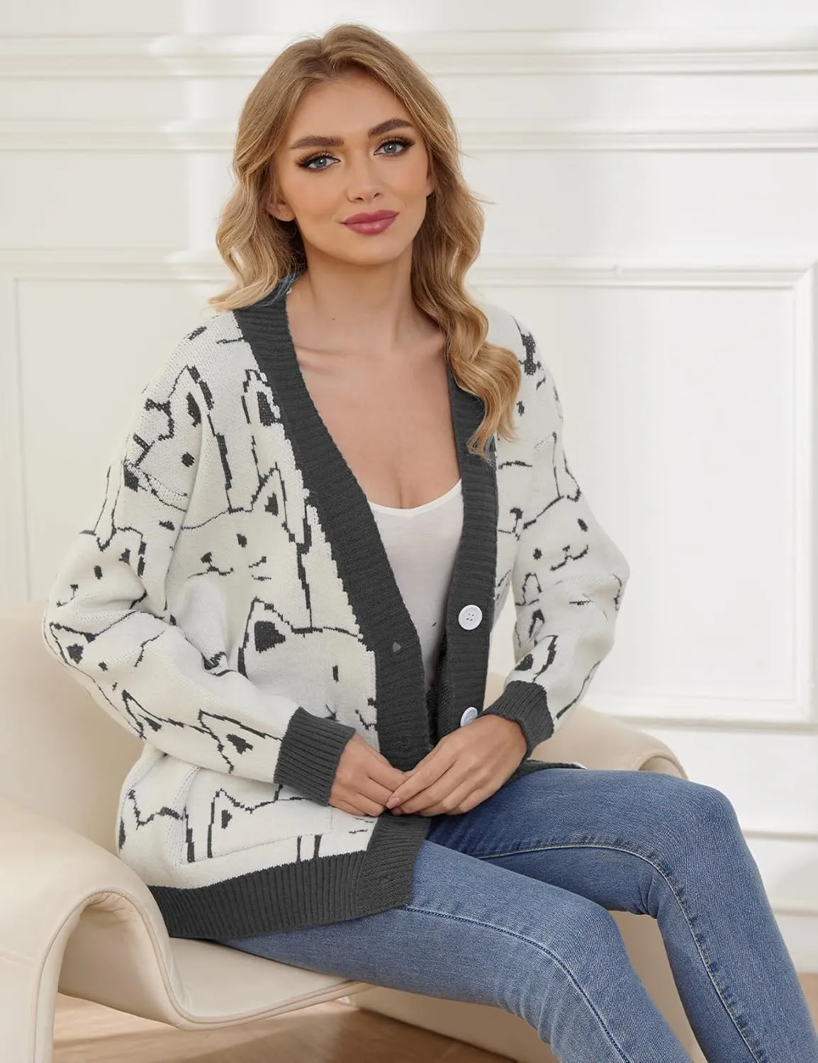 Wyeysyt Cat Sweater for Women Casual Button Down V Neck Cable Knit Cardigan Cute Kawaii Cartoon Cardigan Coat