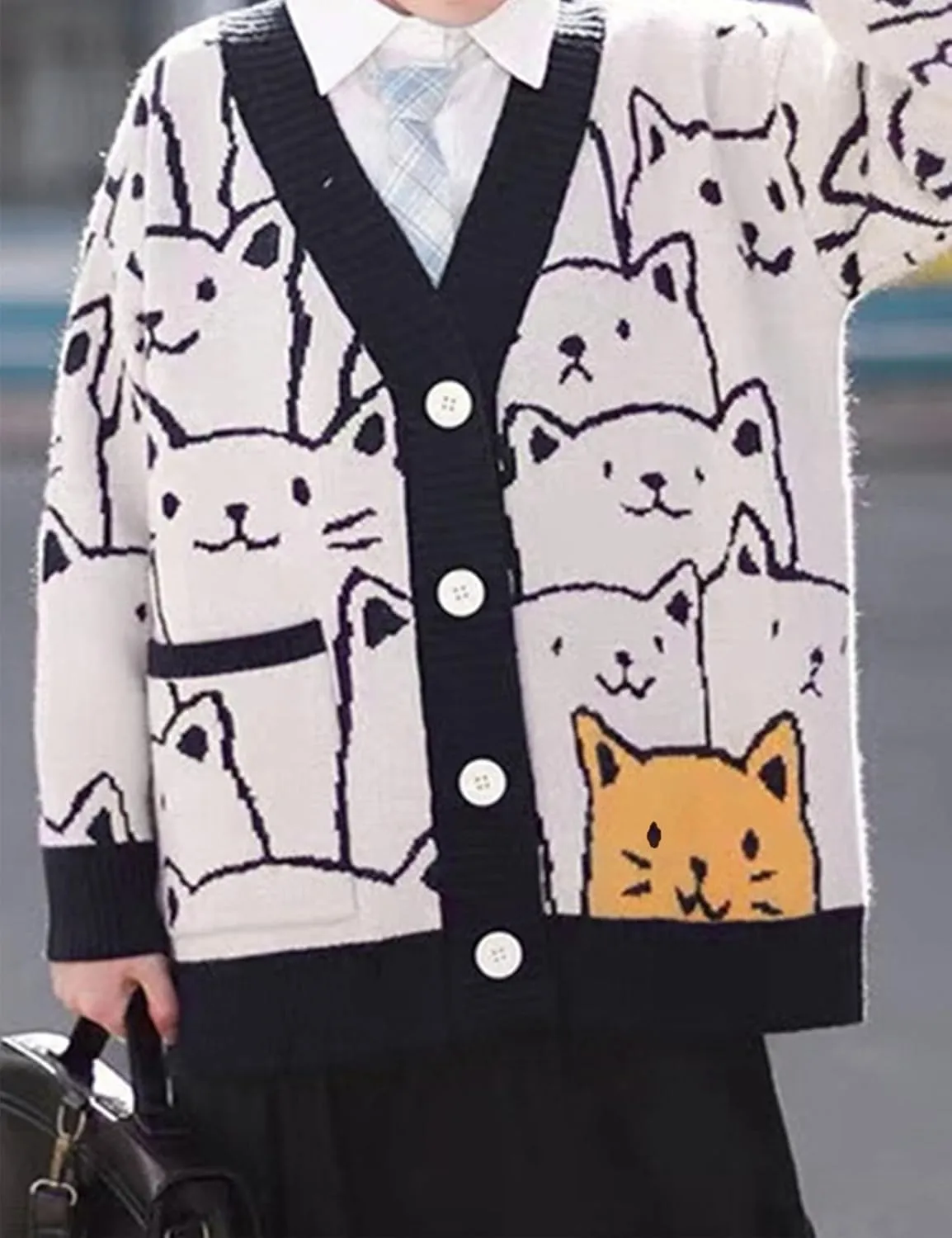 Wyeysyt Cat Sweater for Women Casual Button Down V Neck Cable Knit Cardigan Cute Kawaii Cartoon Cardigan Coat