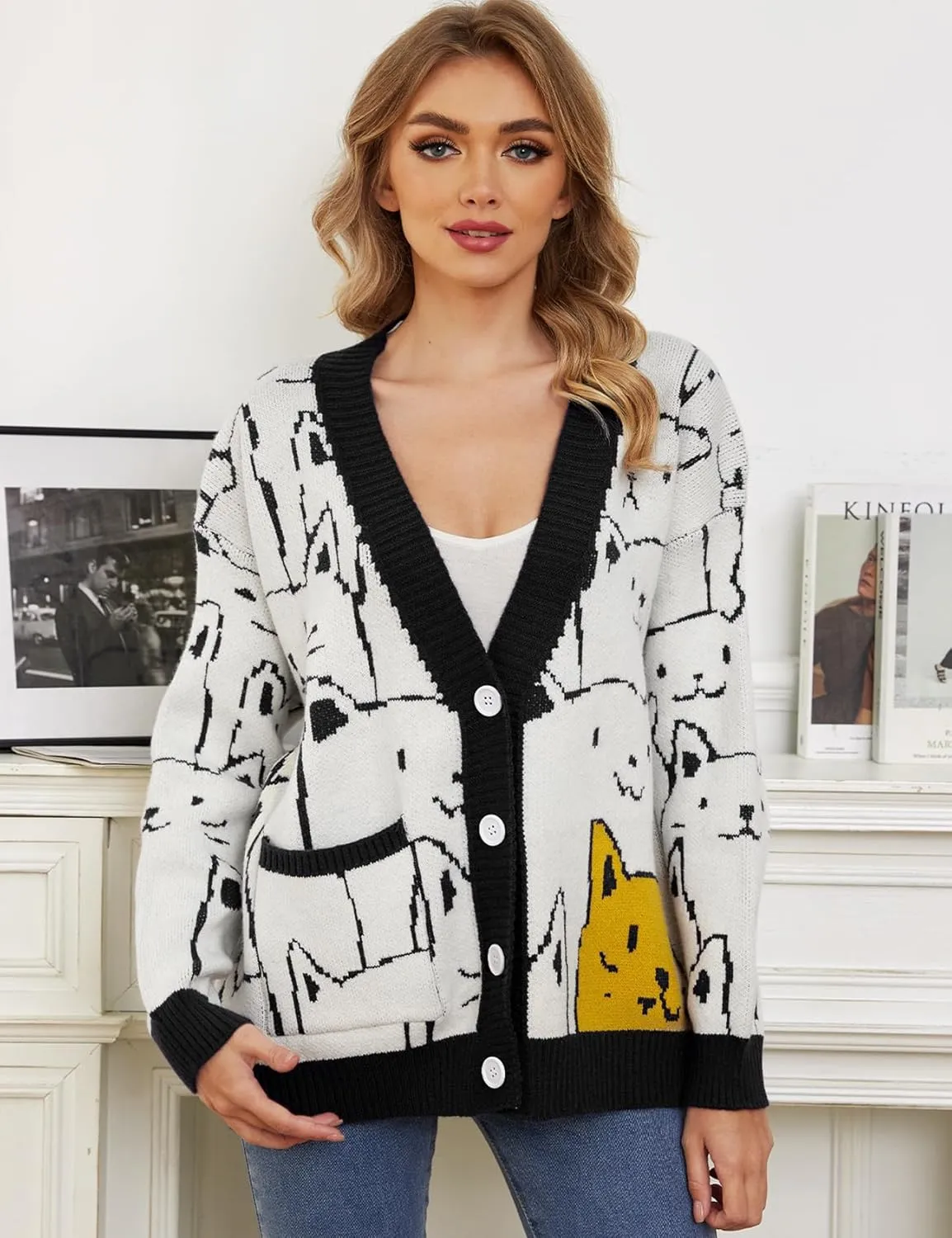 Wyeysyt Cat Sweater for Women Casual Button Down V Neck Cable Knit Cardigan Cute Kawaii Cartoon Cardigan Coat