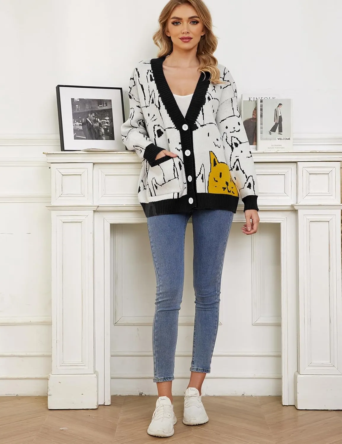 Wyeysyt Cat Sweater for Women Casual Button Down V Neck Cable Knit Cardigan Cute Kawaii Cartoon Cardigan Coat