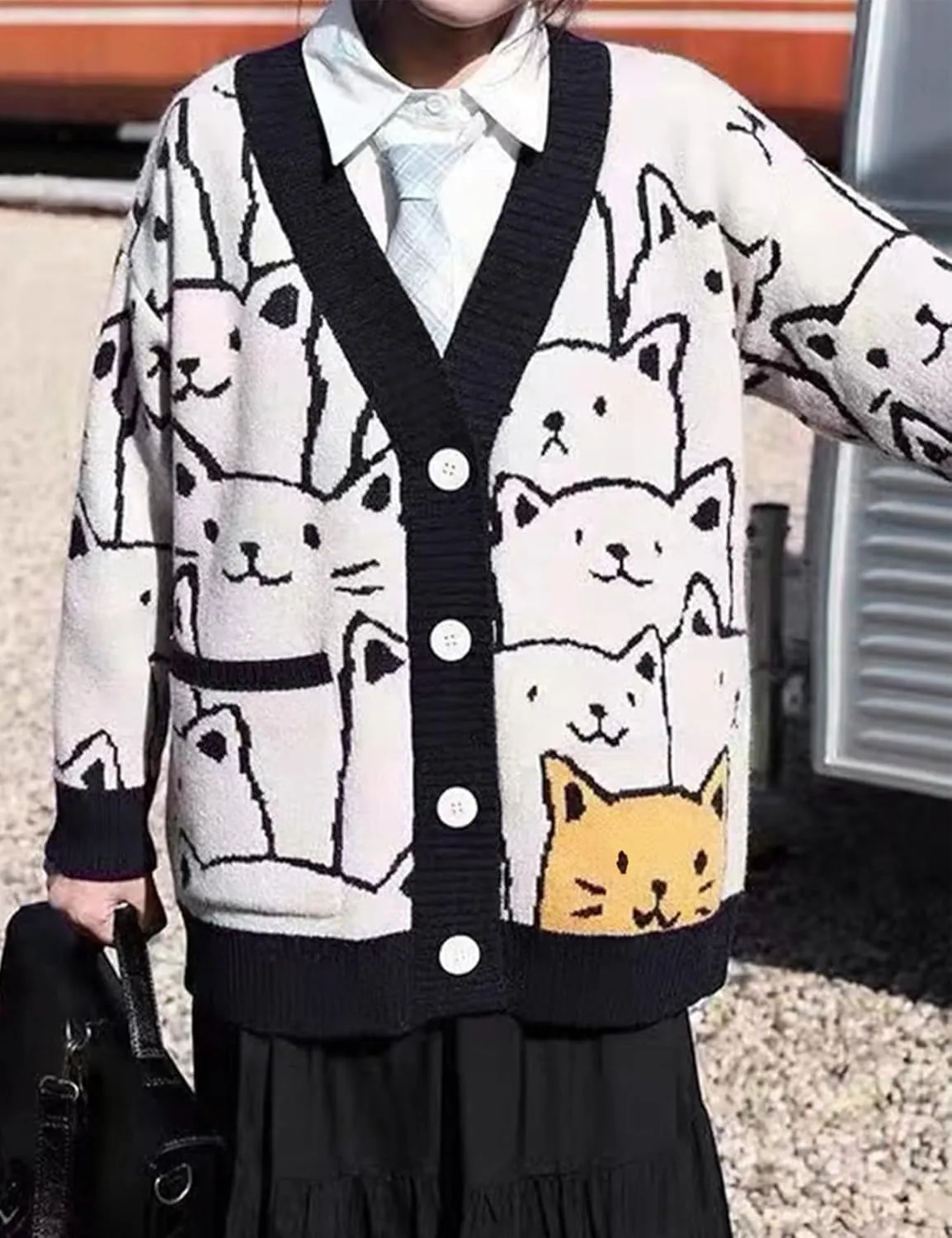 Wyeysyt Cat Sweater for Women Casual Button Down V Neck Cable Knit Cardigan Cute Kawaii Cartoon Cardigan Coat