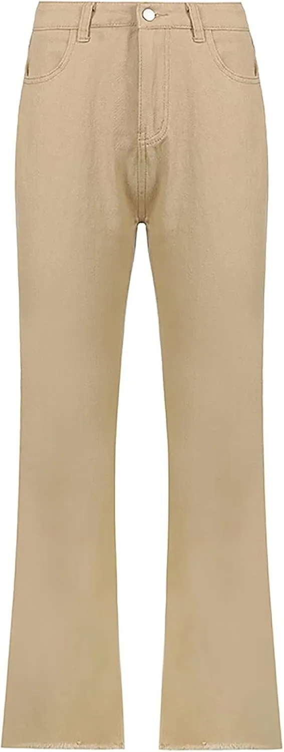 YOLAI Women Casual Solid Color Jeans Trousers Loose High Waist Straight Pants Casual Denim Pants