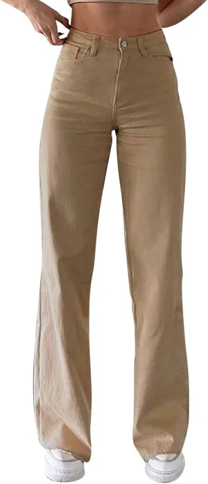 YOLAI Women Casual Solid Color Jeans Trousers Loose High Waist Straight Pants Casual Denim Pants